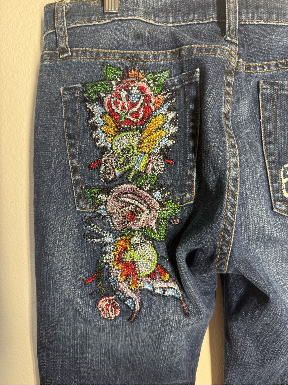 Ed Hardy Dark Blue Women's Boot Cut Jeans with Red Pocket Accent